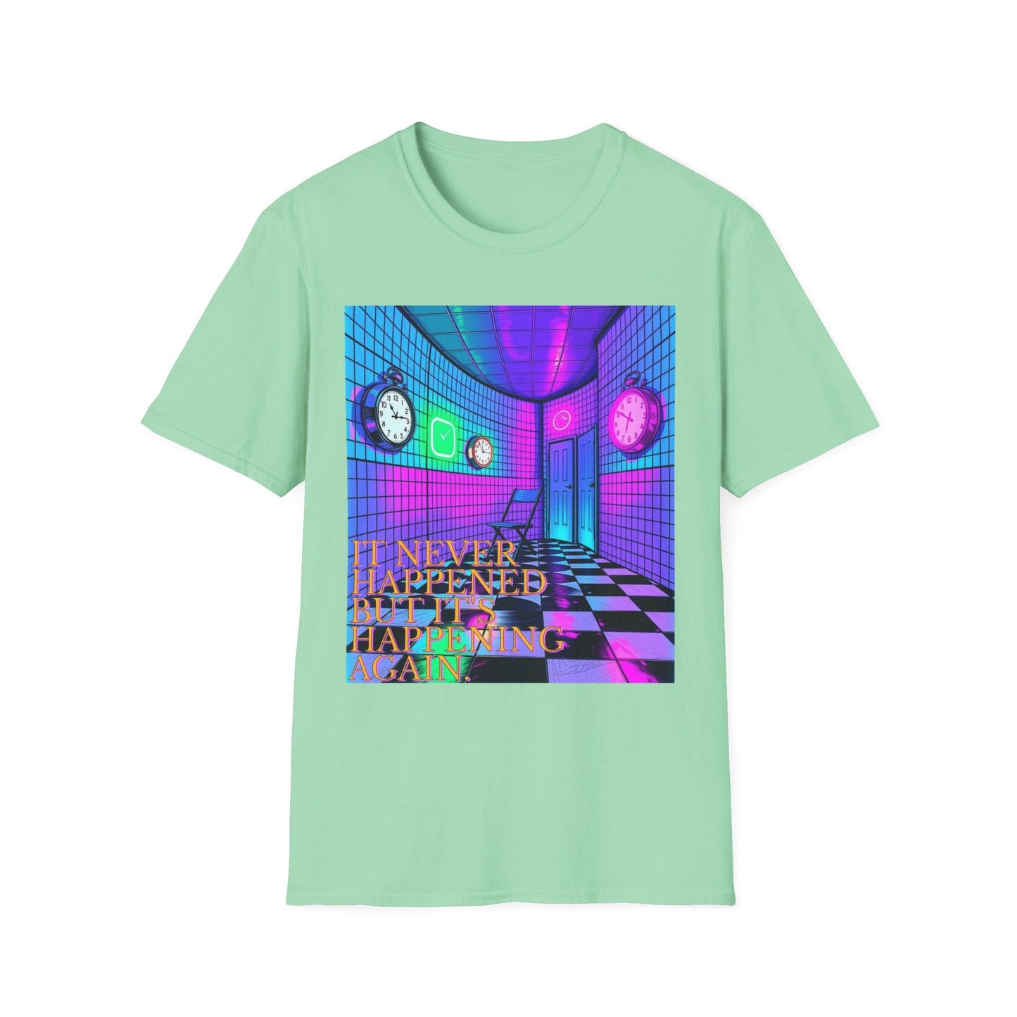 "It Never Happened, But It's Happening Again — Liminal Clock Tee" Printify