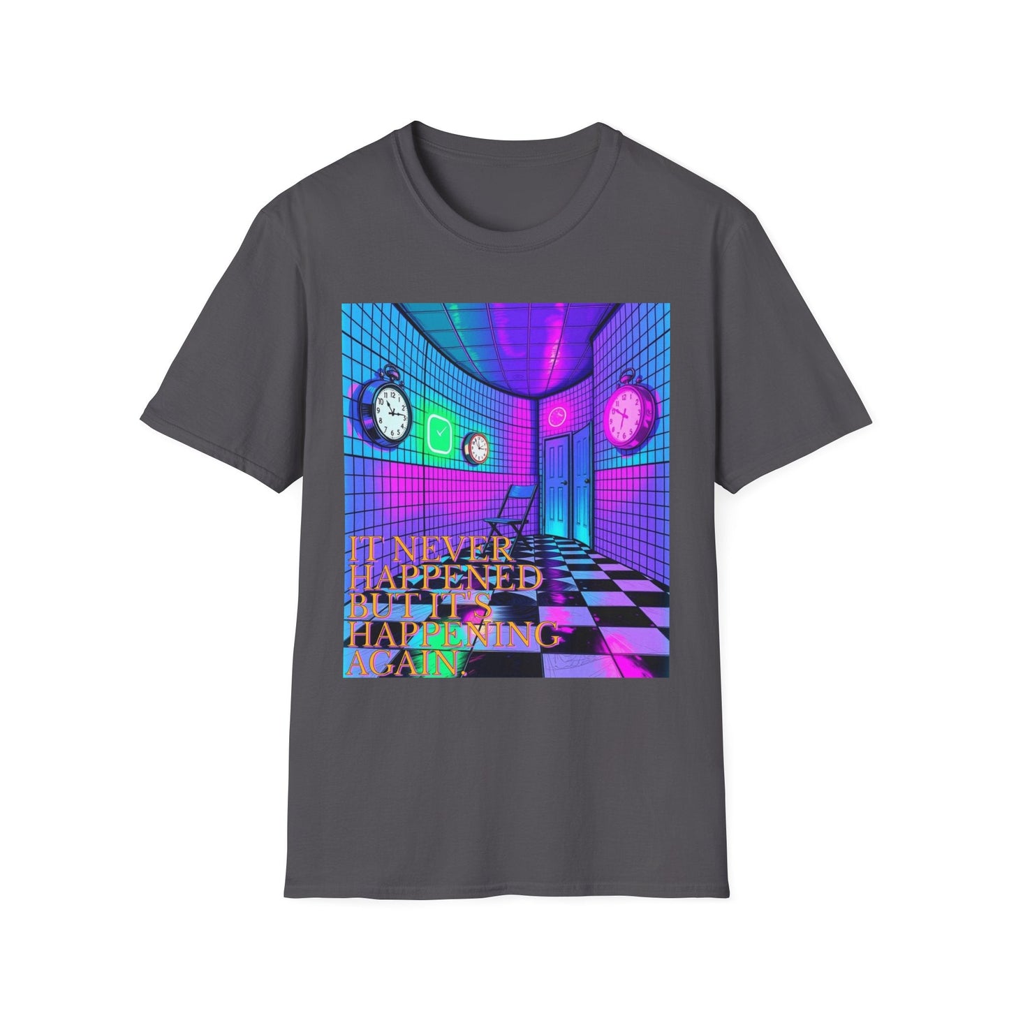 "It Never Happened, But It's Happening Again — Liminal Clock Tee" Printify